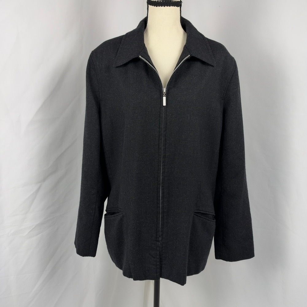 Lands End Wool Jacket Womens 16 Charcoal Gray Zip Front Lightweight USA Made
